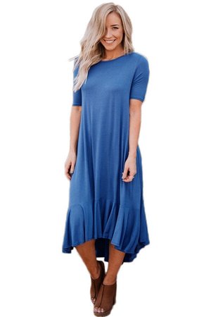 Синее повседневное платье-балахон с удлиненной сзади оборкой
