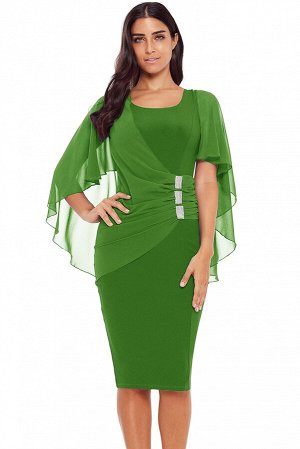 Зеленое платье-футляр с прозрачной присборенной накидкой
