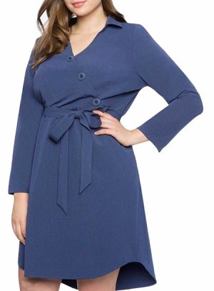 Темно-синее платье-рубашка с поясом и диагональной линией пуговиц