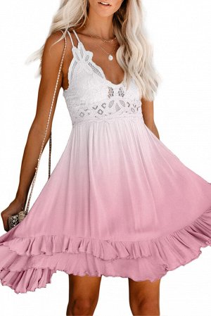 Нежно-розовое платье-сарафан с кружевом, воланами и открытой спиной