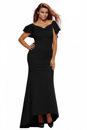 Черное платье с фигурным вырезом, рукавами-воланами и хвостом-шлейфом