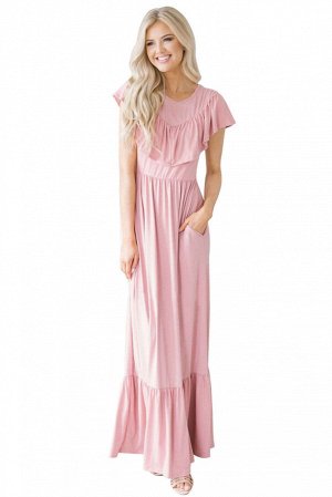 Розовое макси платье с воланами и карманами