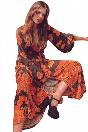 Оранжево-коричневое макси платье с винтажным цветочным принтом