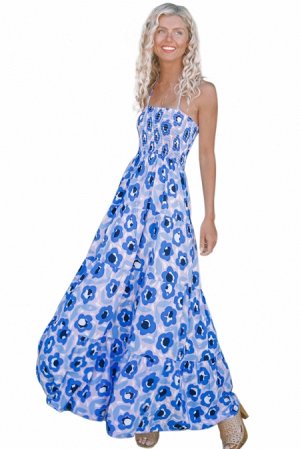 Голубое макси платье-сарафан со стилизованным цветочным принтом