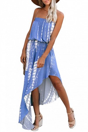 Синее асимметричное платье с абстрактным белым принтом