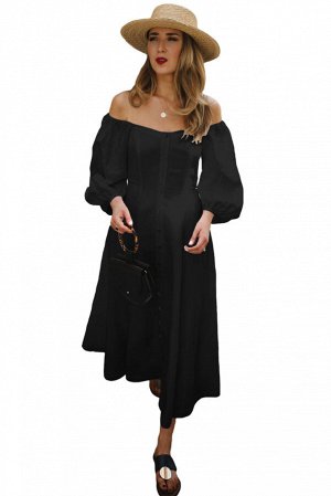 Черное платье с пышной юбкой, открытыми плечами и рукавами-фонариками