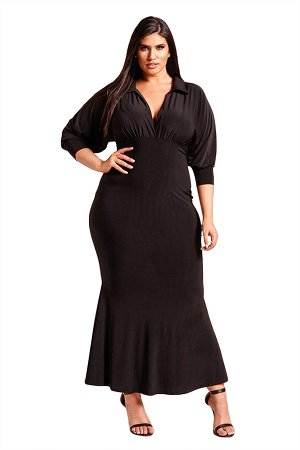 Черное макси платье-русалка с V-образным вырезом и рукавами с манжетами