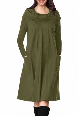 Оливковое свободное платье с присборенным воротом и карманами