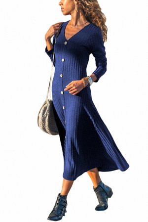 Синее вязаное платье с длинным рукавом и застежкой на пуговицы