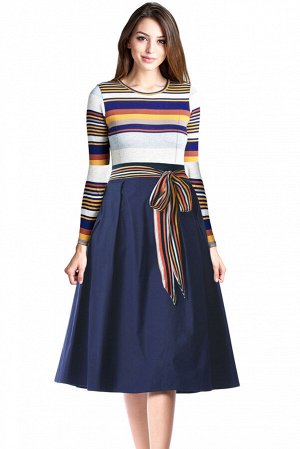 Приталенное миди платье с синей пышной юбкой, поясом и белым лифом в полоску