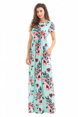 Мятное макси платье с цветочным узором и боковыми карманами
