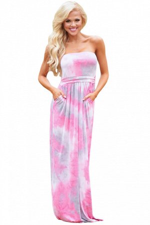 Серое макси платье-сарафан с открытыми плечами и размытым розовым принтом
