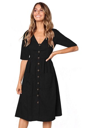 Черное приталенное миди платье на пуговицах и с карманами