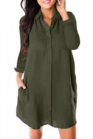 Темно-зеленое платье-рубашка с рукавами 3/4 и карманами