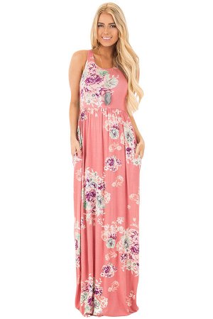 Розовое макси платье-сарафан с цветочным узором и карманами