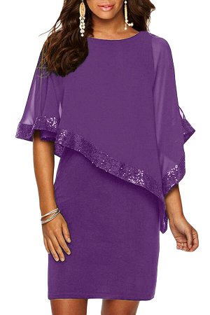 Фиолетовое платье с асимметричной накидкой-пончо и пайетками