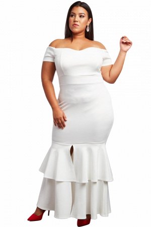 Белое платье-русалка с двойным воланом снизу