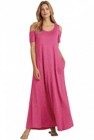 Розовое расклешенное платье с вырезами на плечах и карманами