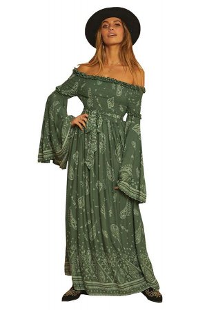 Зеленое принтованное макси платье с открытыми плечами и расклешенными от локтя рукавами