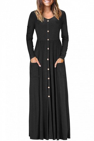 Черное;приталенное;платье;с;карманами;и;застежкой;на;пуговицы