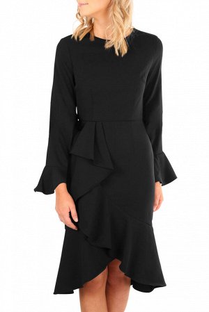 Черное миди платье с асимметричными воланами на юбке