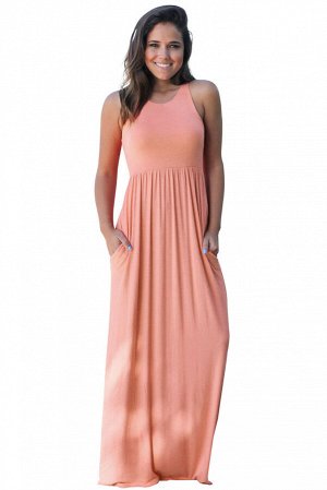 Розовое приталенное макси платье с американской проймой и карманами