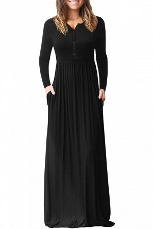 Черное приталенное платье на пуговицах и с карманами в боковых швах