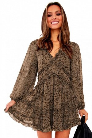 Коричнево-леопардовое мини платье с рюшами и вырезом на спине
