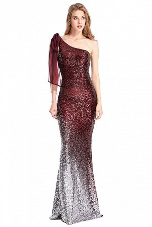 Бордово-серебристое платье-русалка градиентной расцветки с пайетками и на одно плечо