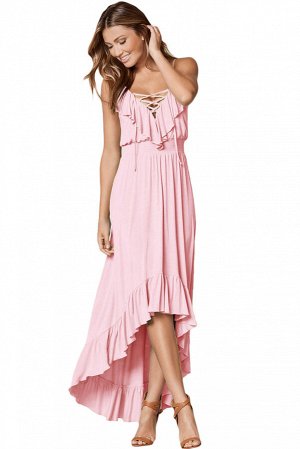 Удлиненное сзади светло-розовое платье с воланами и шнуровкой
