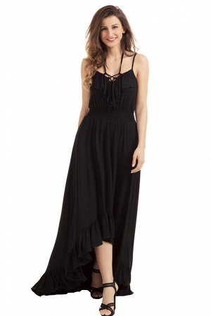 Удлиненное сзади черное платье с воланами и шнуровкой
