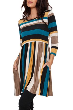 Разноцветное платье-туника в продольную и поперечную полоску