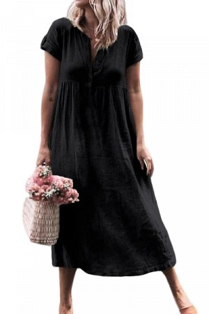 Черное повседневное платье на пуговицах и с V-образным вырезом