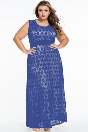 Синее длинное кружевное платье с поясом