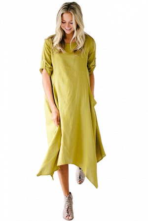 Горчичное платье-балахон с асимметричным подолом и хлястиками на рукавах