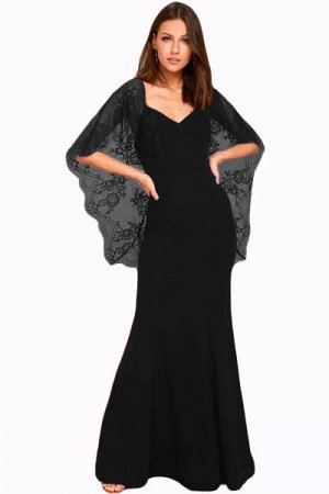 Черное вечернее платье с глубоким V-образным вырезом на спине и кружевными рукавами-накидкой