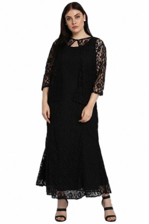 Черное кружевное макси платье с накидкой