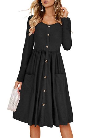 Черное платье на пуговицах с карманами и пышной юбкой