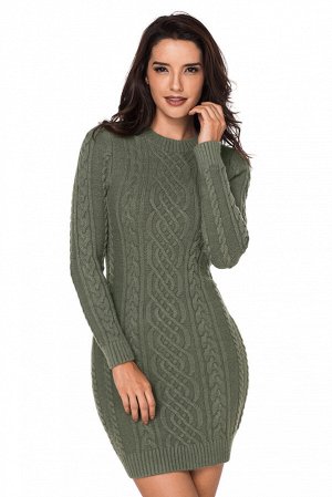 Серо-зеленое вязаное платье-туника с круглым вырезом