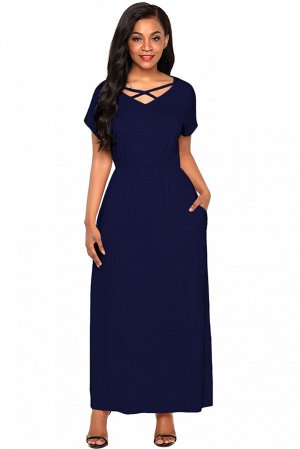 Темно-синее приталенное макси платье со скрещенными полосками в вырезе