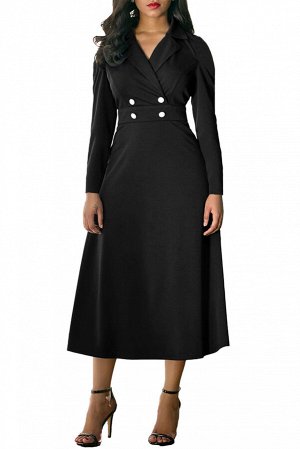 Черное винтажное платье с пуговицами на талии и отложным воротником