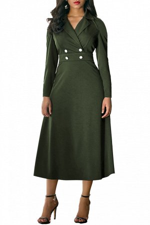 Защитно-зеленое винтажное платье с пуговицами на талии и отложным воротником
