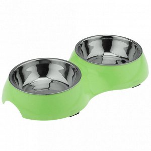 "Пэт тойс (Pet toys)" Миска для кормления животных из нержавеющей стали "Том" 0,4л, д14см h3,9см, 2 штуки на пластмассовой подставке 33х17,4см h4,8см, прорезиненные ножки, цвета в ассортименте: розовы