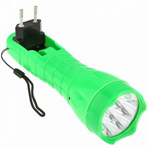 Фонарь ручной 18х6х6см, 1 режим свечения, светодиодная лампа 7LED, встроенный аккумулятор емкостью 300 мАч, пластиковый корпус, цвета в ассортименте: зеленый, оранжевый, с зарядкой от сети 220В, с рем
