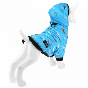 "Пэт тойс (Pet toys)" Одежда для собаки "Куртка" с капюшоном, с метал. кольцом, с принтом, на кнопках, р-р L, длина спинки 27см/обхват груди 38см/обхват шеи 32см, цвет-голубой, плащевка/синтепон/флис
