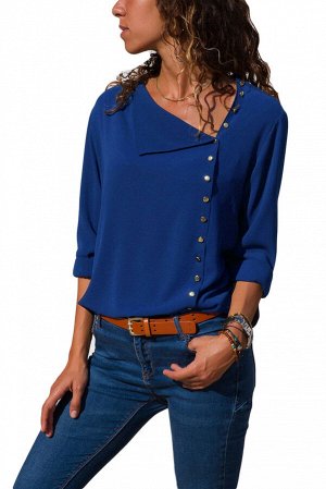 Синяя блуза с асимметричной застежкой на пуговицы и отложным воротником
