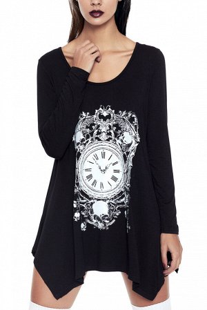Черная блуза-туника с асимметричным низом и принтом  "Часы"