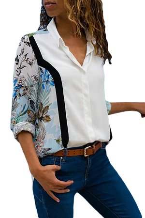 Белая блуза-рубашка с цветочным принтом и рукавами с отворотами