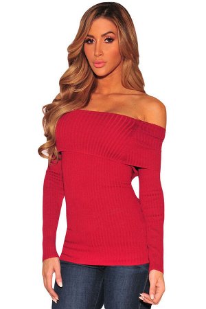 Красная блуза из трикотажа-"лапши" с длинными рукавами и обнажающим плечи отворотом