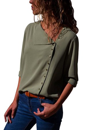 Защитно-зеленая блуза с асимметричной застежкой на пуговицы и отложным воротником